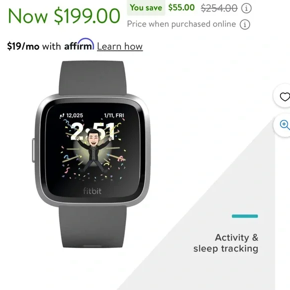 Fitbit Versa Lite Edition Smart Watch Silver Black